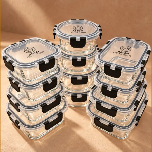 Set de 12 Recipientes Herméticos de Vidrio para Comida y Almacenamiento, Contenedores para Cocina, Meal Prep, Microondas, Horno, Refrigerador y Congelador, sin BPA