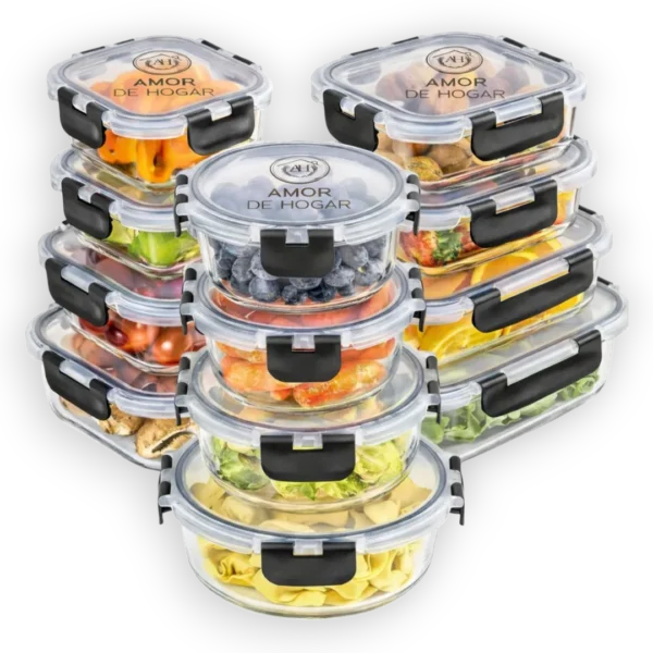 Set de 12 Recipientes de Vidrio Herméticos con Tapa – Contenedores para Alimentos y Meal Prep