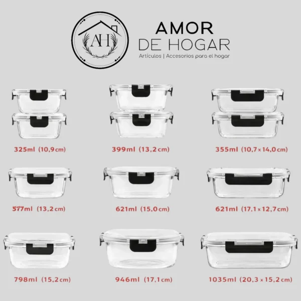 Set de 12 Recipientes de Vidrio Herméticos con Tapa – Contenedores para Alimentos y Meal Prep