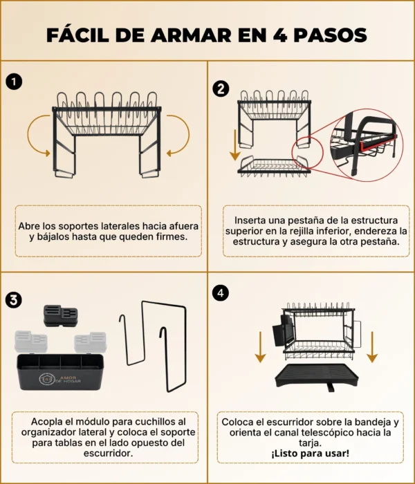 EA-13 Escurridor para Trastes de 2 Niveles de Acero al Carbono con Bandeja y Canal de Drenaje con Portacubiertos, Portacuchillos y Soporte para Tablas de Cortar