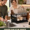 EA-3 Escurridor para Trastes de 2 Niveles de Acero al Carbono con Bandeja y Canal de Drenaje con Portacubiertos, Portacuchillos y Soporte para Tablas de Cortar