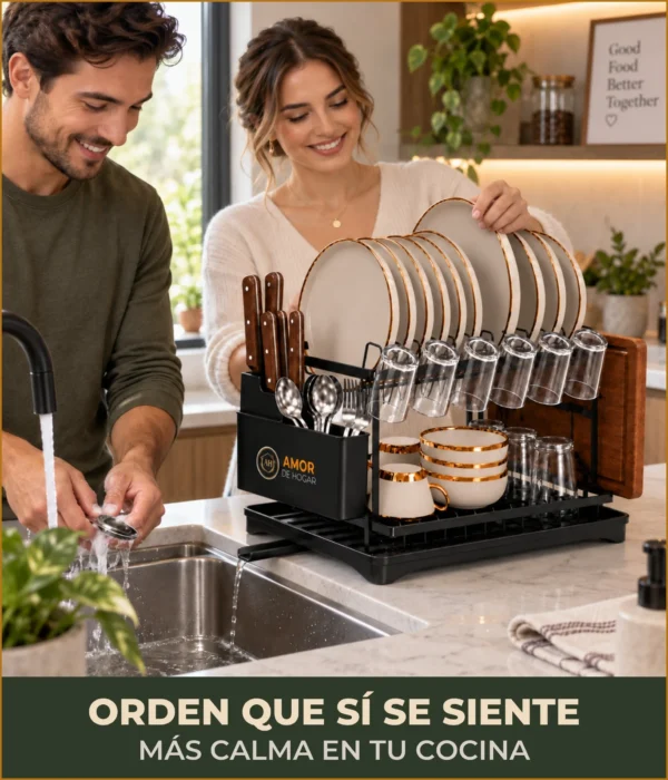 EA-3 Escurridor para Trastes de 2 Niveles de Acero al Carbono con Bandeja y Canal de Drenaje con Portacubiertos, Portacuchillos y Soporte para Tablas de Cortar