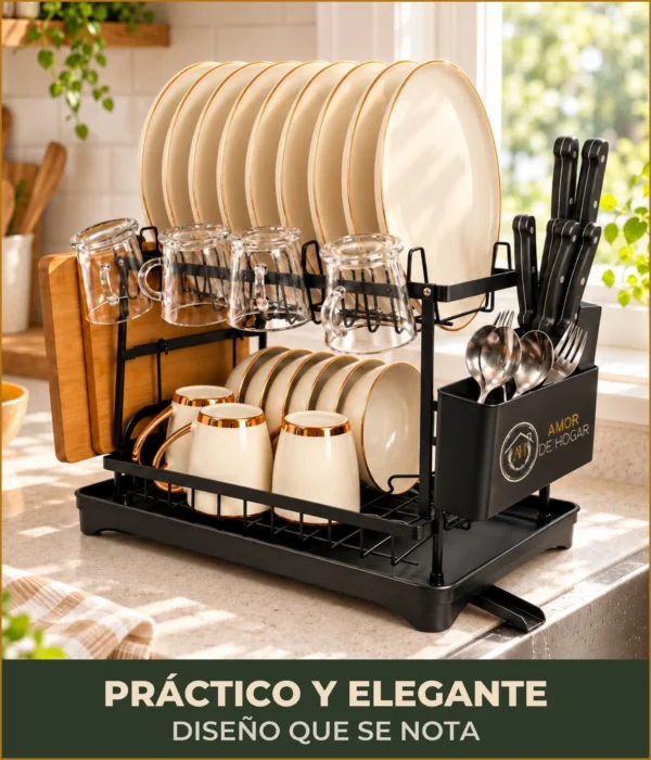 EA-8 Escurridor para Trastes de 2 Niveles de Acero al Carbono con Bandeja y Canal de Drenaje con Portacubiertos, Portacuchillos y Soporte para Tablas de Cortar