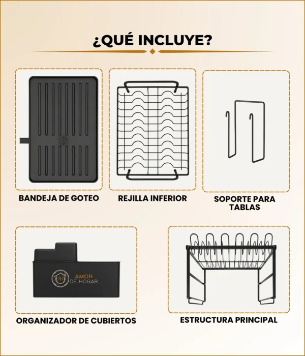 EA-9 Escurridor para Trastes de 2 Niveles de Acero al Carbono con Bandeja y Canal de Drenaje con Portacubiertos, Portacuchillos y Soporte para Tablas de Cortar