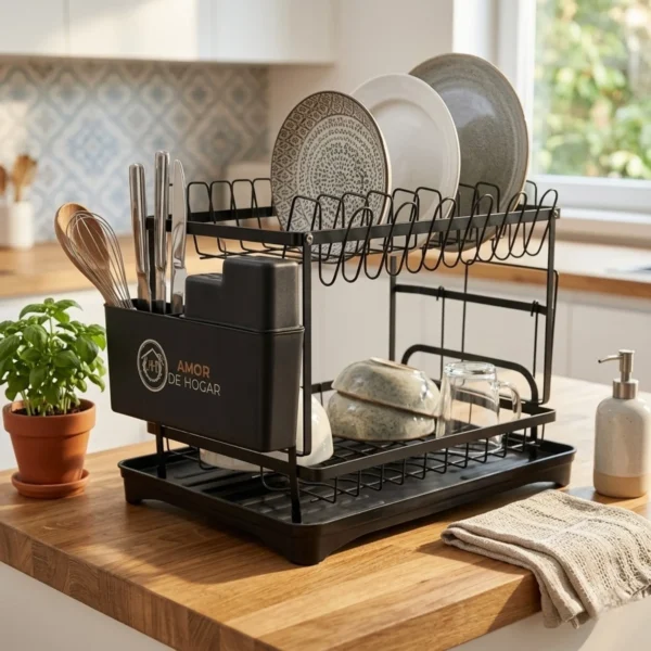 Escurridor de Cocina de Doble Nivel - Platos, Cubiertos y Tablas en su Lugar