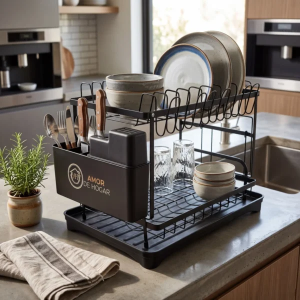 Escurridor de Cocina de Doble Nivel - Platos, Cubiertos y Tablas en su Lugar