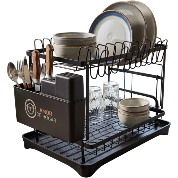 Escurridor de Cocina de Doble Nivel - Platos, Cubiertos y Tablas en su Lugar