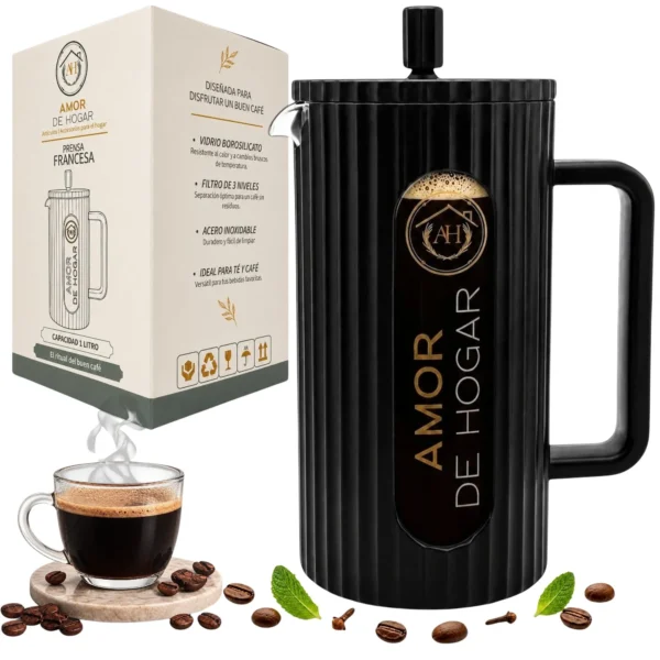 Prensa Francesa con Jarra Graduada de 1 Litro y Cubierta Protectora | Para Café Molido, Té e Infusiones