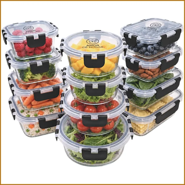 12 Recipientes Contenedores de Vidrio con Tapas Herméticas para Alimentos, Hechos de Vidrio Borosilicato para Meal Prep, Microondas, Horno, Refrigerador, Congelador y Lavavajillas, sin BPA