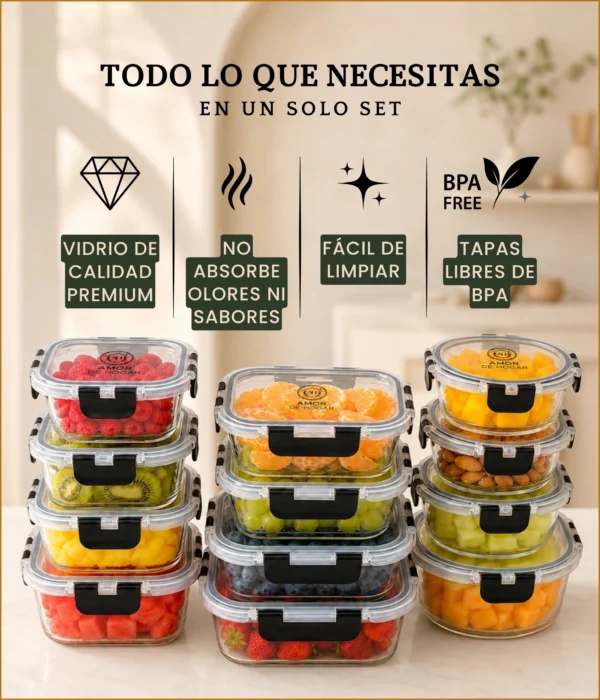 Set de 12 Recipientes Herméticos de Vidrio para Comida y Almacenamiento, Contenedores para Cocina, Meal Prep, Microondas, Horno, Refrigerador y Congelador, sin BPA