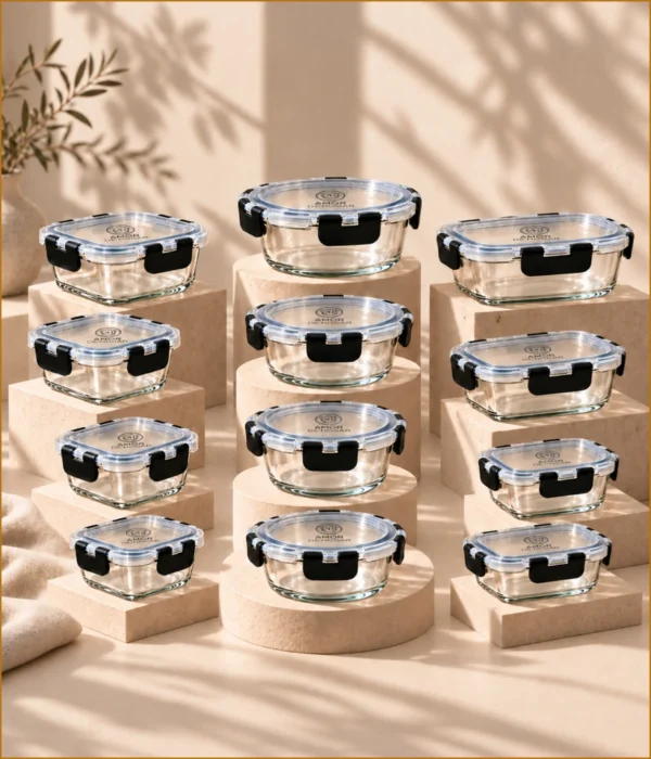 Set de 12 Recipientes Herméticos de Vidrio para Comida y Almacenamiento, Contenedores para Cocina, Meal Prep, Microondas, Horno, Refrigerador y Congelador, sin BPA