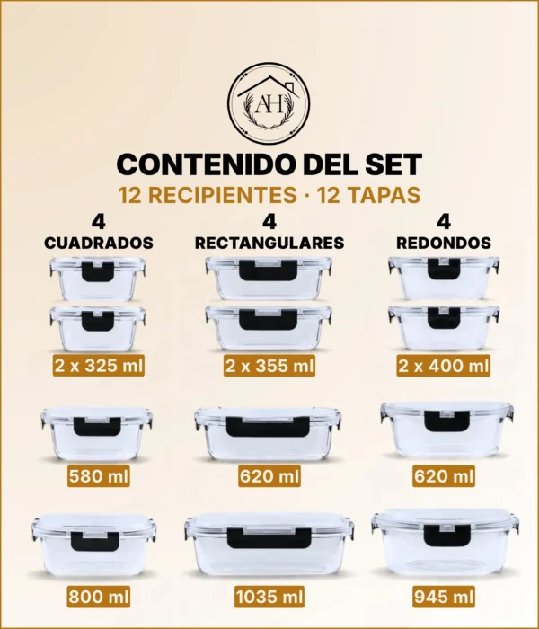 Set de 12 Recipientes Herméticos de Vidrio para Comida y Almacenamiento, Contenedores para Cocina, Meal Prep, Microondas, Horno, Refrigerador y Congelador, sin BPA