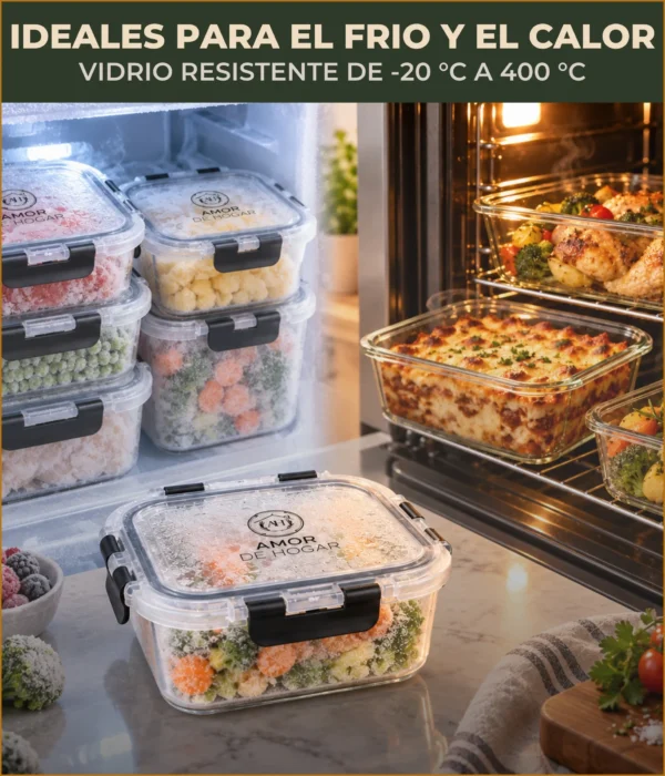 Set de 12 Recipientes Herméticos de Vidrio para Comida y Almacenamiento, Contenedores para Cocina, Meal Prep, Microondas, Horno, Refrigerador y Congelador, sin BPA