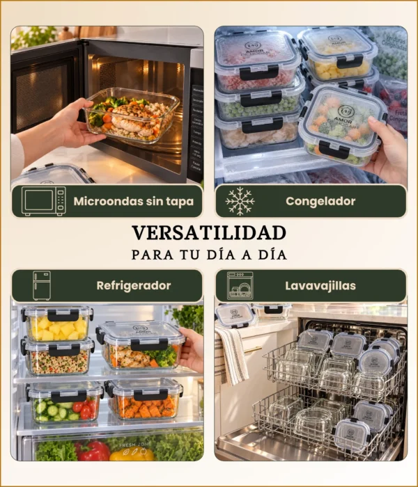 Set de 12 Recipientes Herméticos de Vidrio para Comida y Almacenamiento, Contenedores para Cocina, Meal Prep, Microondas, Horno, Refrigerador y Congelador, sin BPA