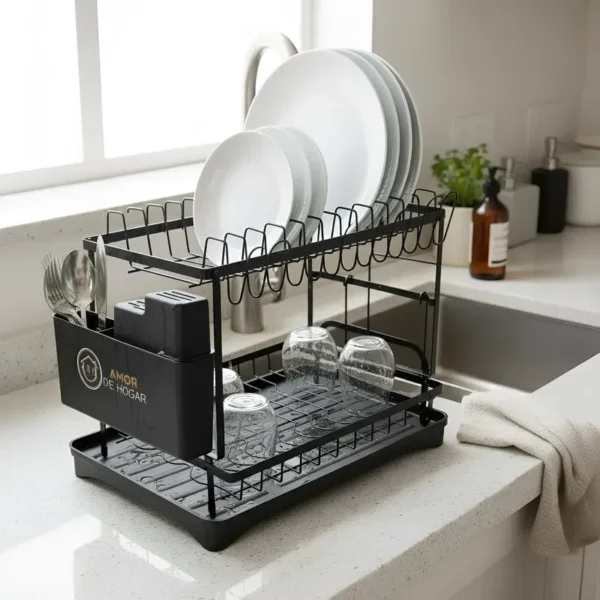 Escurridor de Cocina de Doble Nivel - Platos, Cubiertos y Tablas en su Lugar