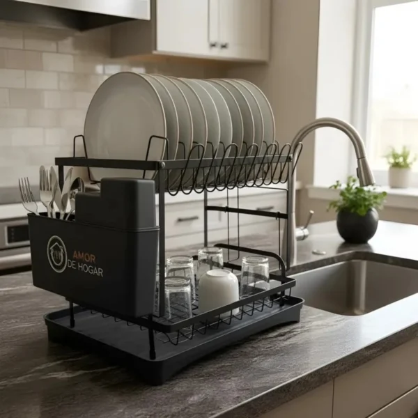 Escurridor de Cocina de Doble Nivel - Platos, Cubiertos y Tablas en su Lugar