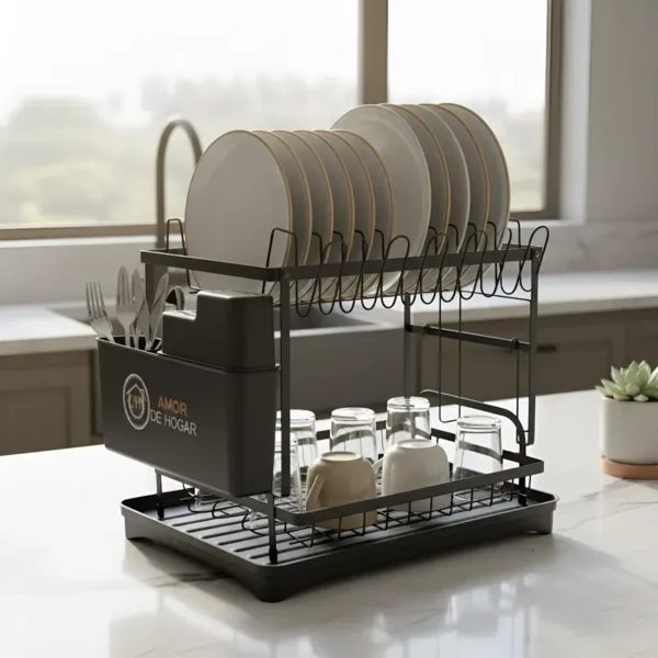 Escurridor de Cocina de Doble Nivel - Platos, Cubiertos y Tablas en su Lugar