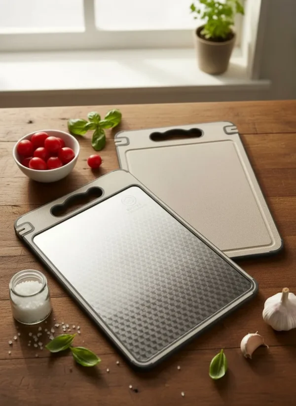 Tabla para Cortar de Acero Inoxidable 2 en 1, con afiador de cuchillos y rallador de ajo